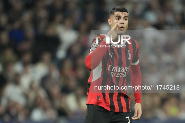 Alvaro Morata centre-forward of AC Milan and Spain protest to referee during the UEFA Champions League 2024/25 League Phase MD4 match betwee...