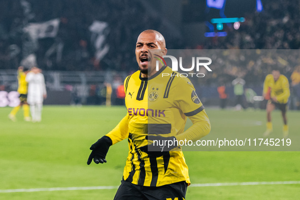 Donyell Malen of Borussia Dortmund celebrates his goal during the UEFA Champions League 2024/25 League Phase MD4 soccer match between Boruss...