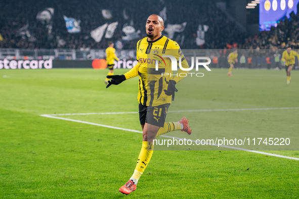 Donyell Malen of Borussia Dortmund celebrates his goal during the UEFA Champions League 2024/25 League Phase MD4 soccer match between Boruss...