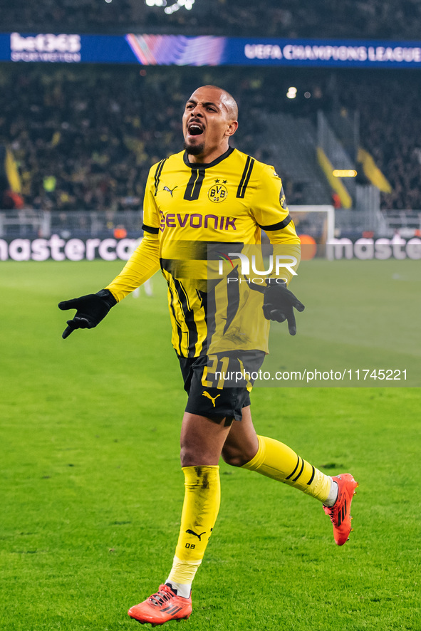 Donyell Malen of Borussia Dortmund celebrates his goal during the UEFA Champions League 2024/25 League Phase MD4 soccer match between Boruss...