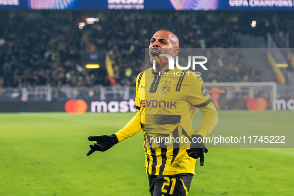 Donyell Malen of Borussia Dortmund celebrates his goal during the UEFA Champions League 2024/25 League Phase MD4 soccer match between Boruss...