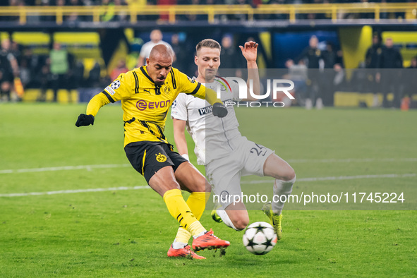 Donyell Malen of Borussia Dortmund scores his team's first goal during the UEFA Champions League 2024/25 League Phase MD4 soccer match betwe...