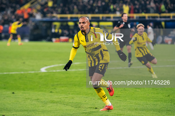 Donyell Malen of Borussia Dortmund celebrates his goal during the UEFA Champions League 2024/25 League Phase MD4 soccer match between Boruss...