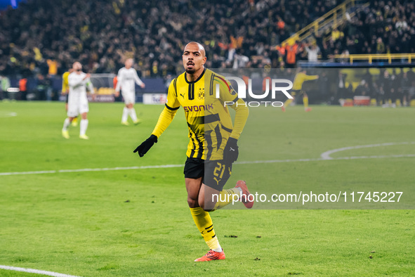 Donyell Malen of Borussia Dortmund celebrates his goal during the UEFA Champions League 2024/25 League Phase MD4 soccer match between Boruss...