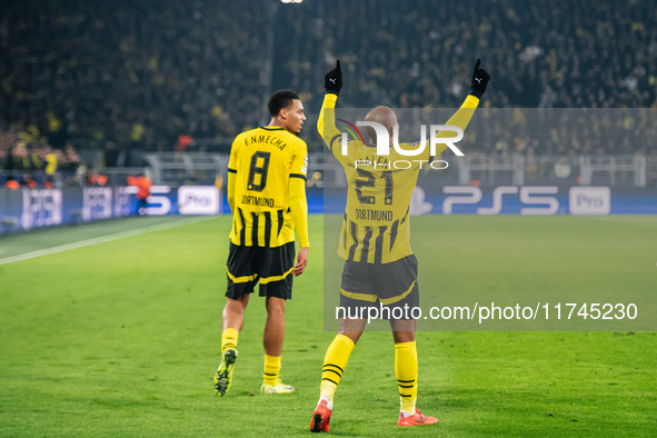 Donyell Malen of Borussia Dortmund celebrates his goal during the UEFA Champions League 2024/25 League Phase MD4 soccer match between Boruss...