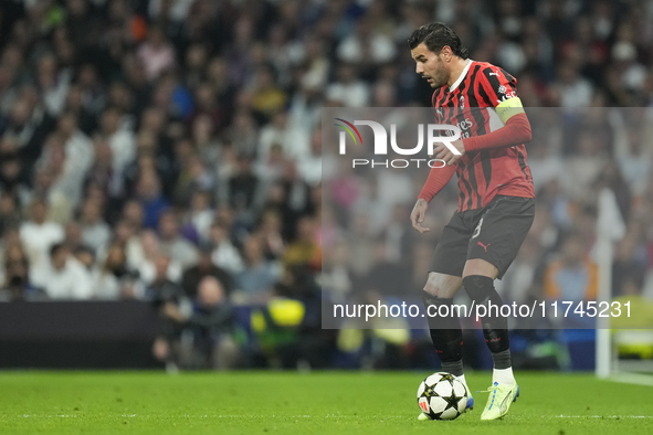 Theo Hernandez left-back of AC Milan and France controls the ball during the UEFA Champions League 2024/25 League Phase MD4 match between Re...