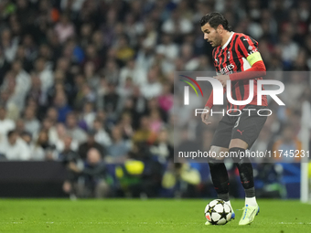 Theo Hernandez left-back of AC Milan and France controls the ball during the UEFA Champions League 2024/25 League Phase MD4 match between Re...