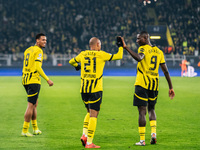 Donyell Malen of Borussia Dortmund celebrates his goal with Serhou Guirassy and Felix Nmecha during the UEFA Champions League 2024/25 League...