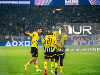 Donyell Malen of Borussia Dortmund celebrates his goal with Serhou Guirassy and Felix Nmecha during the UEFA Champions League 2024/25 League...