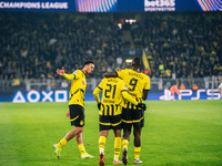 Donyell Malen of Borussia Dortmund celebrates his goal with Serhou Guirassy and Felix Nmecha during the UEFA Champions League 2024/25 League...