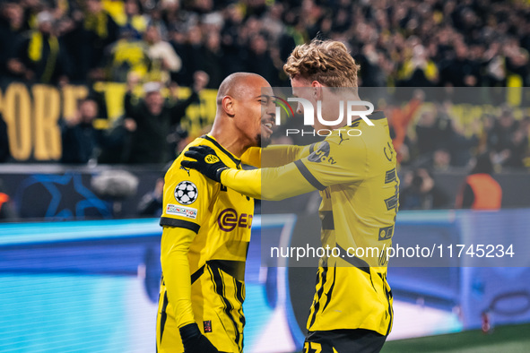 Donyell Malen of Borussia Dortmund celebrates his goal with Cole Campbell during the UEFA Champions League 2024/25 League Phase MD4 soccer m...