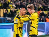 Donyell Malen of Borussia Dortmund celebrates his goal with Cole Campbell during the UEFA Champions League 2024/25 League Phase MD4 soccer m...