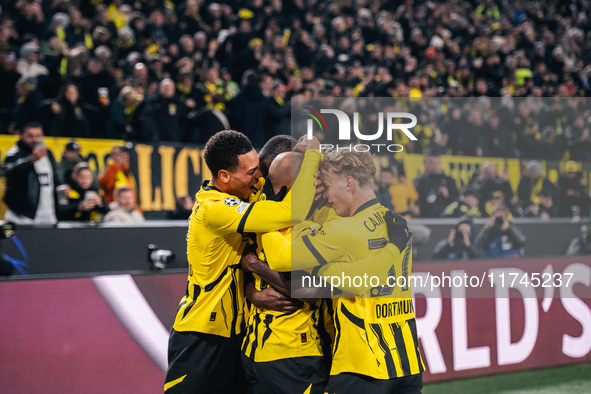 Donyell Malen of Borussia Dortmund celebrates his goal with teammates during the UEFA Champions League 2024/25 League Phase MD4 soccer match...