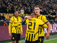 Donyell Malen of Borussia Dortmund celebrates his goal with Nico Schlotterbeck during the UEFA Champions League 2024/25 League Phase MD4 soc...