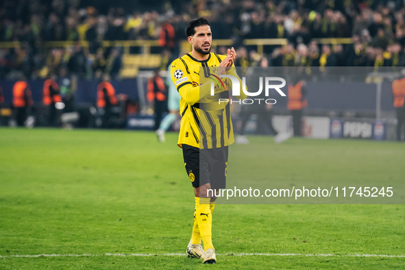 Emre Can of Borussia Dortmund greets fans after winning the UEFA Champions League 2024/25 League Phase MD4 soccer match between Borussia Dor...