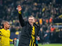 Maximilian Beier of Borussia Dortmund greets fans after winning the UEFA Champions League 2024/25 League Phase MD4 soccer match between Boru...