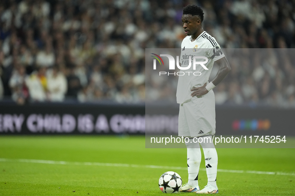 Vinicius Junior left winger of Real Madrid and Brazil before taking the penaltyduring the UEFA Champions League 2024/25 League Phase MD4 mat...