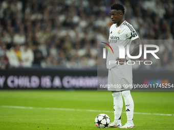 Vinicius Junior left winger of Real Madrid and Brazil before taking the penaltyduring the UEFA Champions League 2024/25 League Phase MD4 mat...