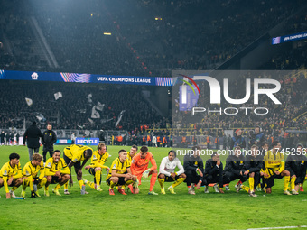 Players of Borussia Dortmund celebrate with fans after they win the UEFA Champions League 2024/25 League Phase MD4 soccer match between Boru...