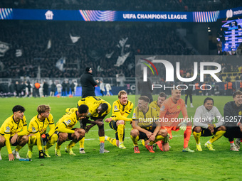 Players of Borussia Dortmund celebrate with fans after they win the UEFA Champions League 2024/25 League Phase MD4 soccer match between Boru...