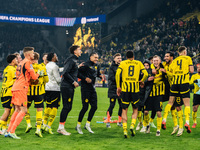 Players of Borussia Dortmund celebrate with fans after they win the UEFA Champions League 2024/25 League Phase MD4 soccer match between Boru...