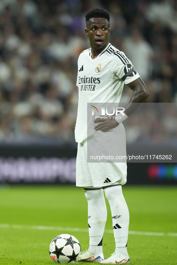 Vinicius Junior left winger of Real Madrid and Brazil before taking the penaltyduring the UEFA Champions League 2024/25 League Phase MD4 mat...