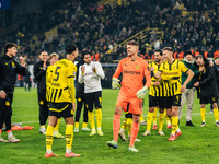 Players of Borussia Dortmund celebrate with fans after they win the UEFA Champions League 2024/25 League Phase MD4 soccer match between Boru...