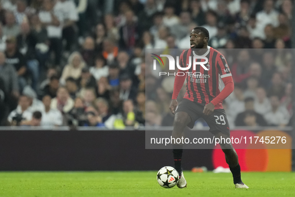 Youssouf Fofana defensive midfield of AC Milan and France during the UEFA Champions League 2024/25 League Phase MD4 match between Real Madri...