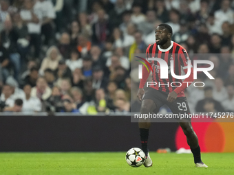 Youssouf Fofana defensive midfield of AC Milan and France during the UEFA Champions League 2024/25 League Phase MD4 match between Real Madri...