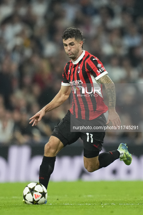 Christian Pulisic right winger of AC Milan and United States during the UEFA Champions League 2024/25 League Phase MD4 match between Real Ma...