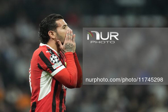 Theo Hernandez left-back of AC Milan and France lament a failed occasion during the UEFA Champions League 2024/25 League Phase MD4 match bet...