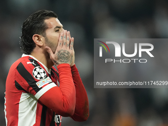 Theo Hernandez left-back of AC Milan and France lament a failed occasion during the UEFA Champions League 2024/25 League Phase MD4 match bet...