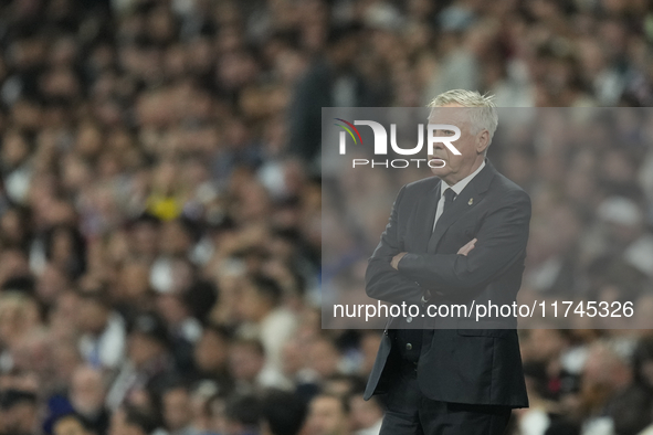 Carlo Ancelotti head coach of Real Madrid reacts during the UEFA Champions League 2024/25 League Phase MD4 match between Real Madrid C.F. an...