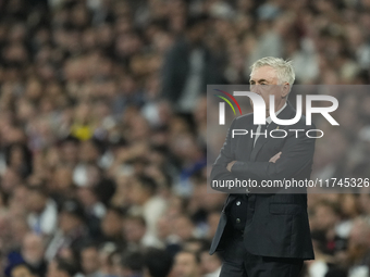 Carlo Ancelotti head coach of Real Madrid reacts during the UEFA Champions League 2024/25 League Phase MD4 match between Real Madrid C.F. an...