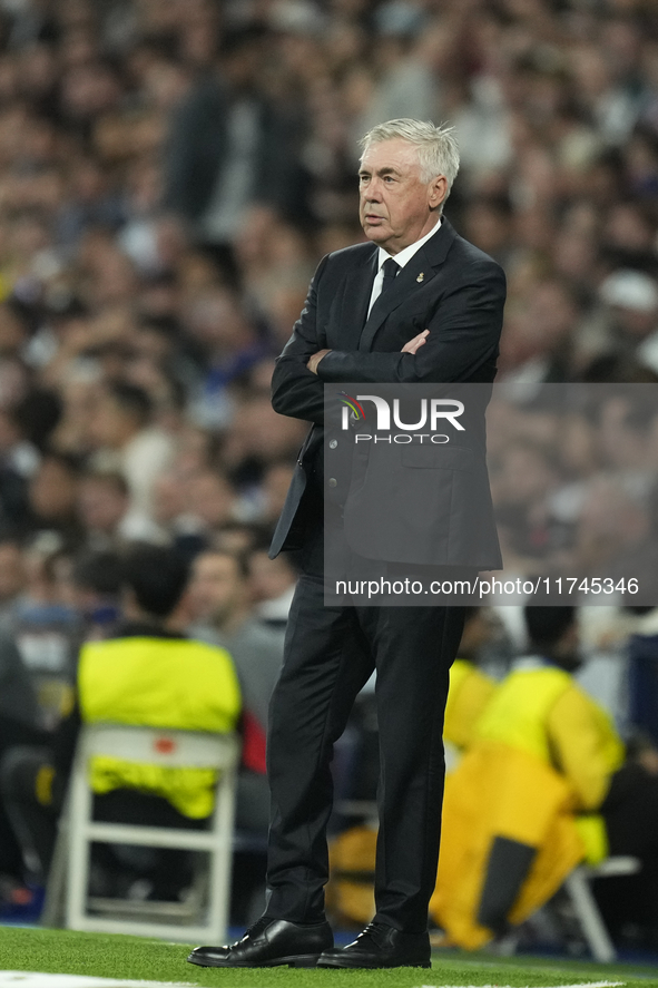 Carlo Ancelotti head coach of Real Madrid reacts during the UEFA Champions League 2024/25 League Phase MD4 match between Real Madrid C.F. an...