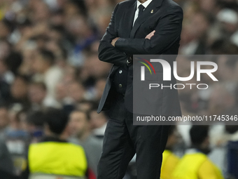 Carlo Ancelotti head coach of Real Madrid reacts during the UEFA Champions League 2024/25 League Phase MD4 match between Real Madrid C.F. an...