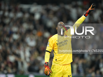 Mike Maignan goalkeeper of AC Milan and France gives instructions during the UEFA Champions League 2024/25 League Phase MD4 match between Re...