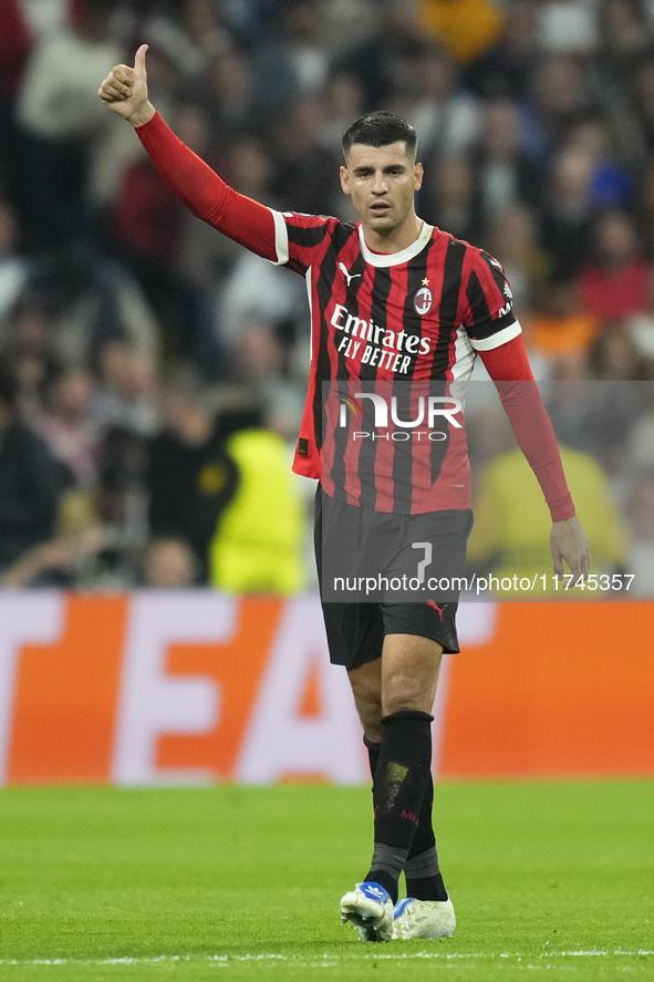 Alvaro Morata centre-forward of AC Milan and Spain celebrates after scoring his sides first goal during the UEFA Champions League 2024/25 Le...