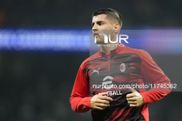 Alvaro Morata centre-forward of AC Milan and Spain during the warm-up before the UEFA Champions League 2024/25 League Phase MD4 match betwee...