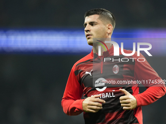 Alvaro Morata centre-forward of AC Milan and Spain during the warm-up before the UEFA Champions League 2024/25 League Phase MD4 match betwee...