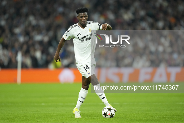 Aurelien Tchouameni defensive midfield of Real Madrid and France controls the ball during the UEFA Champions League 2024/25 League Phase MD4...