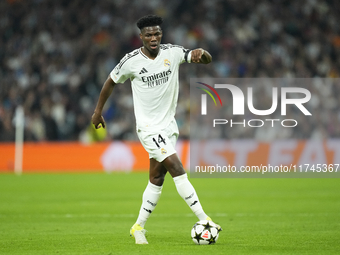 Aurelien Tchouameni defensive midfield of Real Madrid and France controls the ball during the UEFA Champions League 2024/25 League Phase MD4...