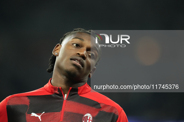 Rafael Leao left winger of AC Milan and Portugal during the warm-up before the UEFA Champions League 2024/25 League Phase MD4 match between...