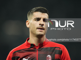 Alvaro Morata centre-forward of AC Milan and Spain during the warm-up before the UEFA Champions League 2024/25 League Phase MD4 match betwee...