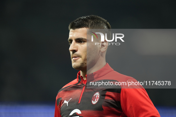 Alvaro Morata centre-forward of AC Milan and Spain during the warm-up before the UEFA Champions League 2024/25 League Phase MD4 match betwee...