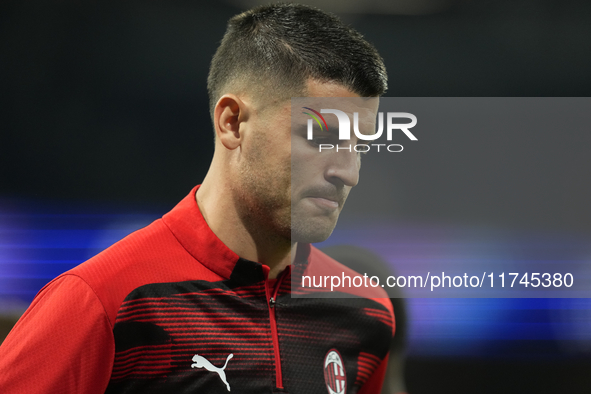 Alvaro Morata centre-forward of AC Milan and Spain during the warm-up before the UEFA Champions League 2024/25 League Phase MD4 match betwee...