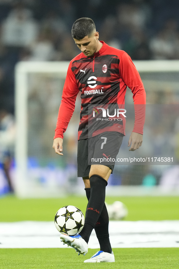 Alvaro Morata centre-forward of AC Milan and Spain during the warm-up before the UEFA Champions League 2024/25 League Phase MD4 match betwee...