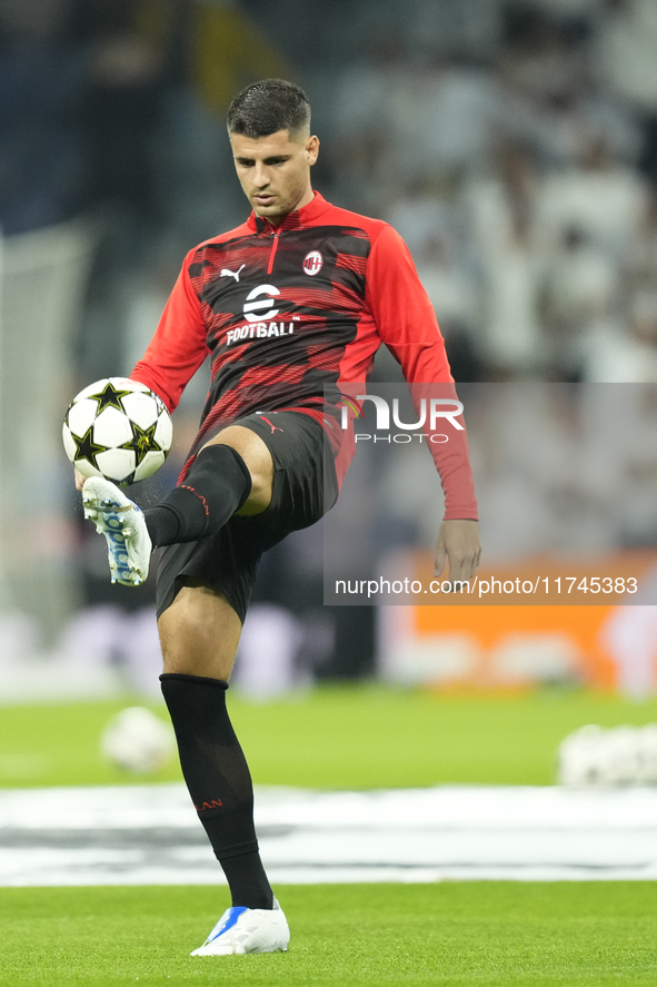 Alvaro Morata centre-forward of AC Milan and Spain during the warm-up before the UEFA Champions League 2024/25 League Phase MD4 match betwee...