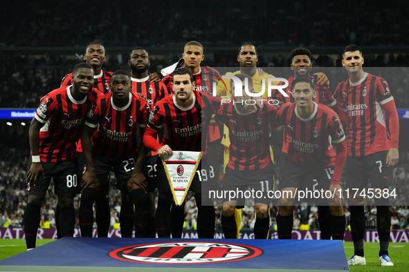 Milan line up (L-R) Rafael Leao, Youssouf Fofana, Malick Thiaw,  Mike Maignan, Emerson Royal, Alvaro Morata, Yunus Musah, Fikayo Tomori, The...