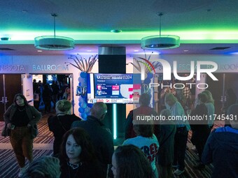 Attendees watch television coverage of the United States 2024 election at the Minnesota DFL Election Night event at the InterContinental Hot...